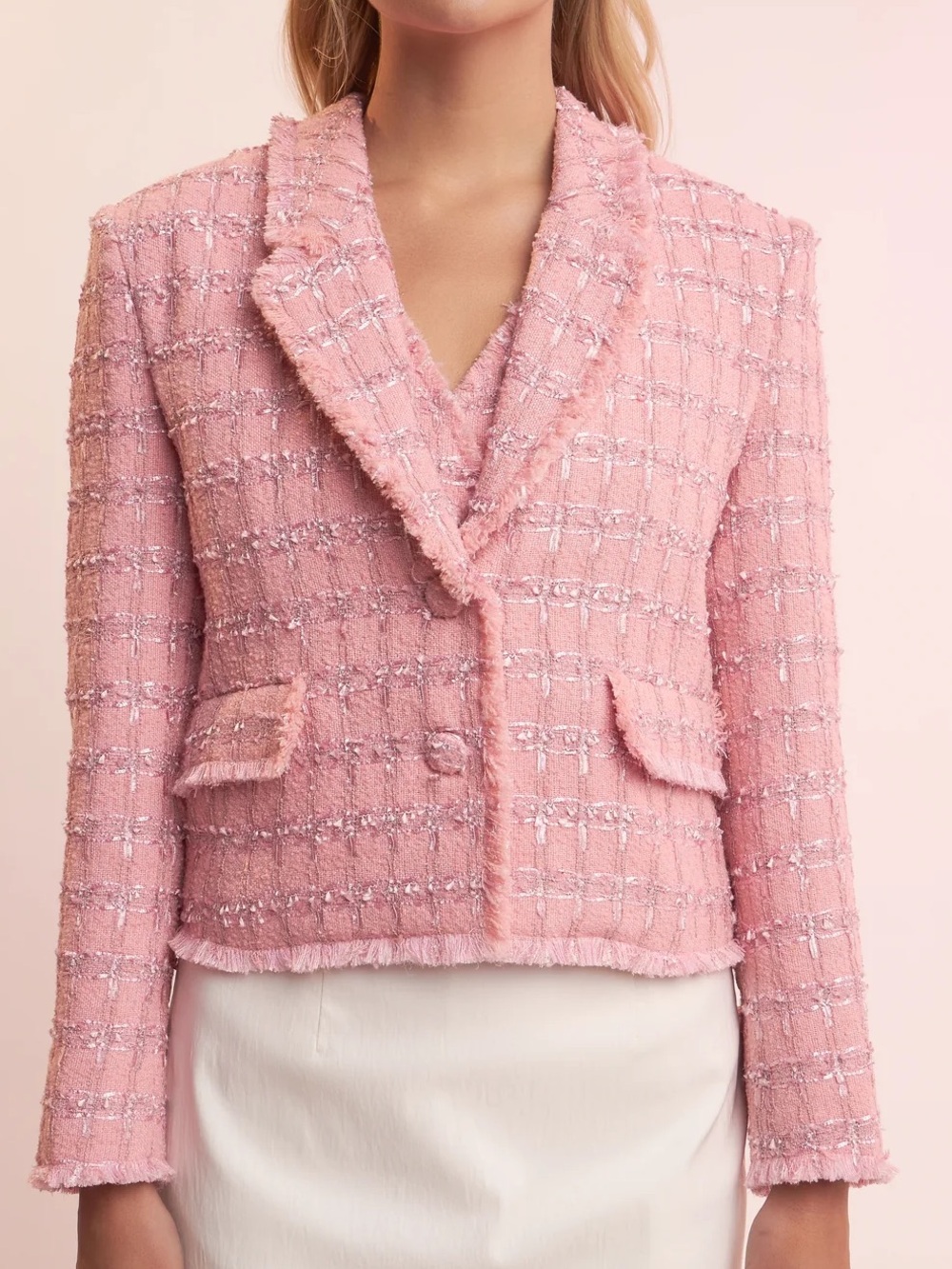 English Factory Pink Tweed Fringed Blazer